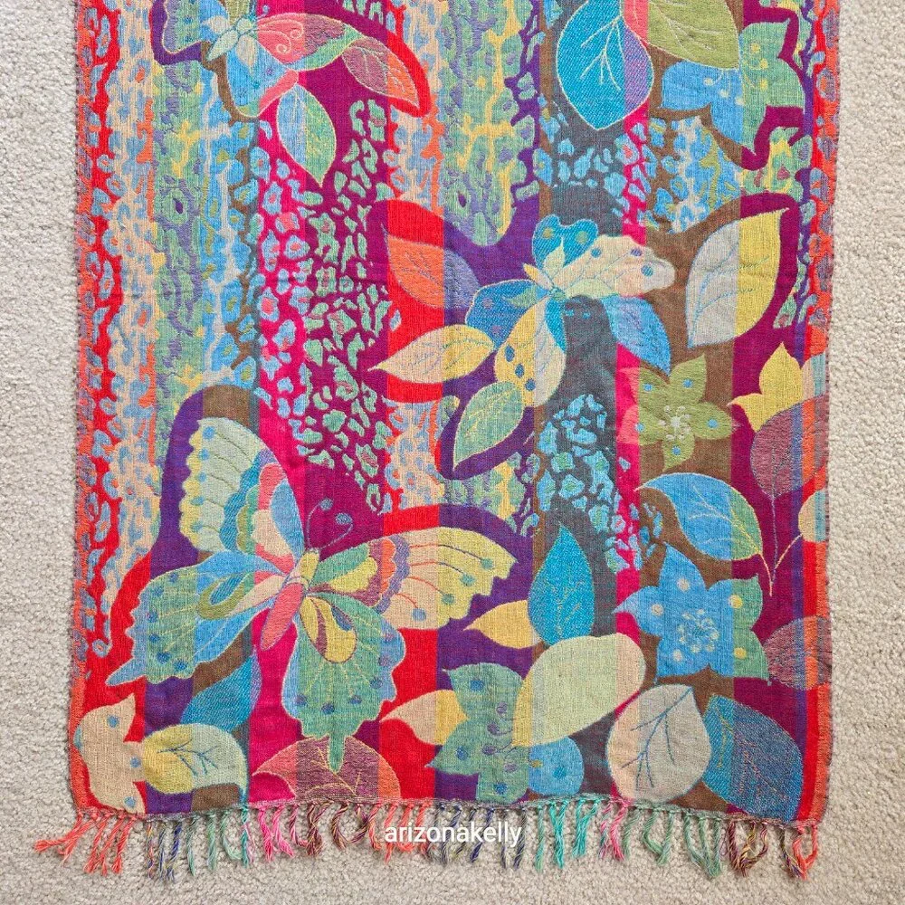 NWOT 100% Wool Woven Scarf Butterfly Flowers Colorful Vibrant